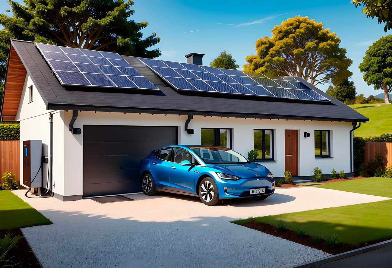 дом, батарея, солнечные панели на крыше, электромобиль - иллюстрация